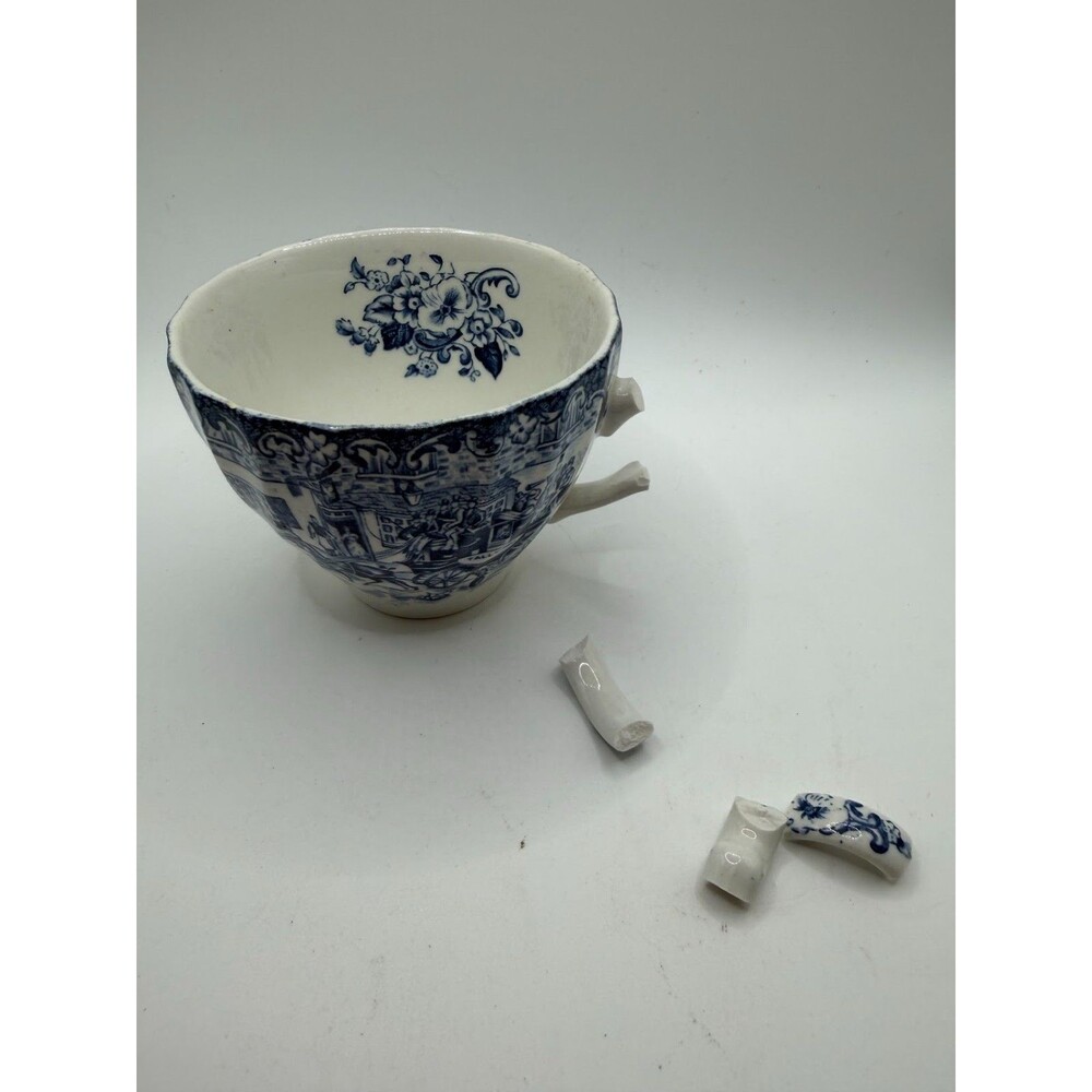 English Blue White Coaching Scene Teacup Made in England Broken Handle Repair